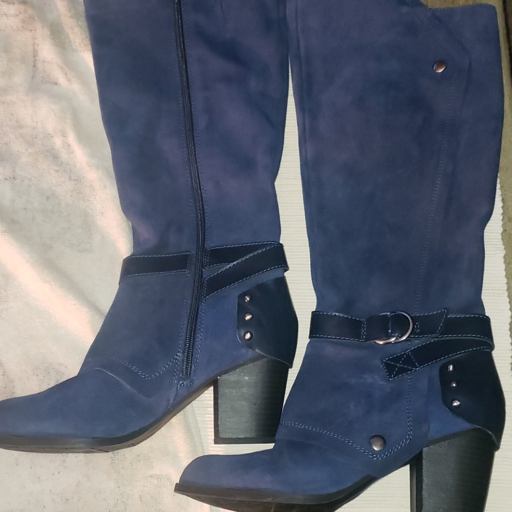FERGIE Navy Blue Suede Boots cuffed knee